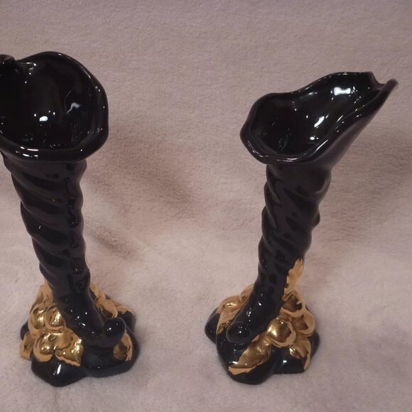 Art Pottery Vintage Lot Set Black Vases 22k Gold Floral Handmade Ceramic USA - Picture 4 of 13